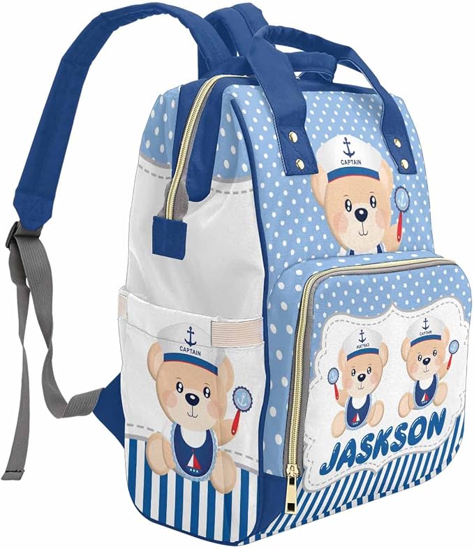 M YESCUSTOM Bag Backpack with Sailor Suit Cartoon Bear Personalized Blue Stripes and Dots Diaper Bag Custom Women Mom Travel Backpack
