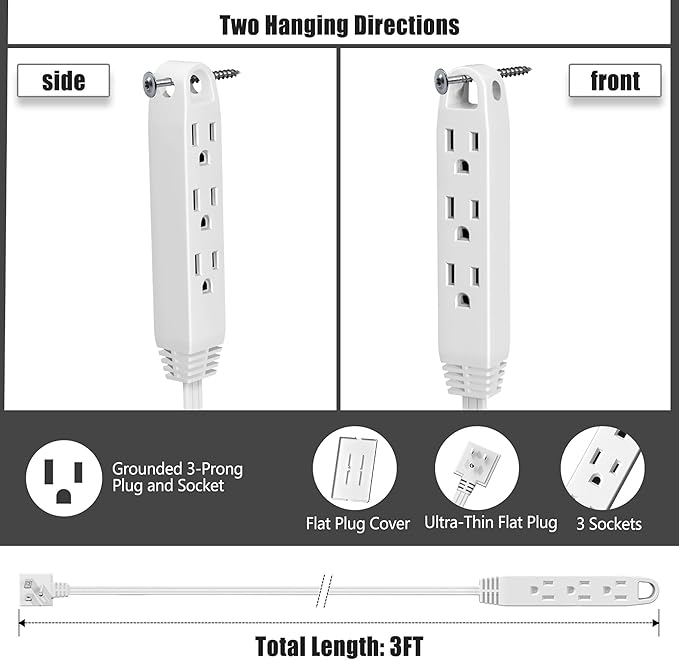 CABOCASA 3FT Ultra Flat Plug Extension Cord Power Strip with 3 Outlets, Patented Detachable Ultra-Thin Outlet Cover Concealer & Ultra-Flat Plug, Max. 13A 125V 1625W ETL Listed, White Color