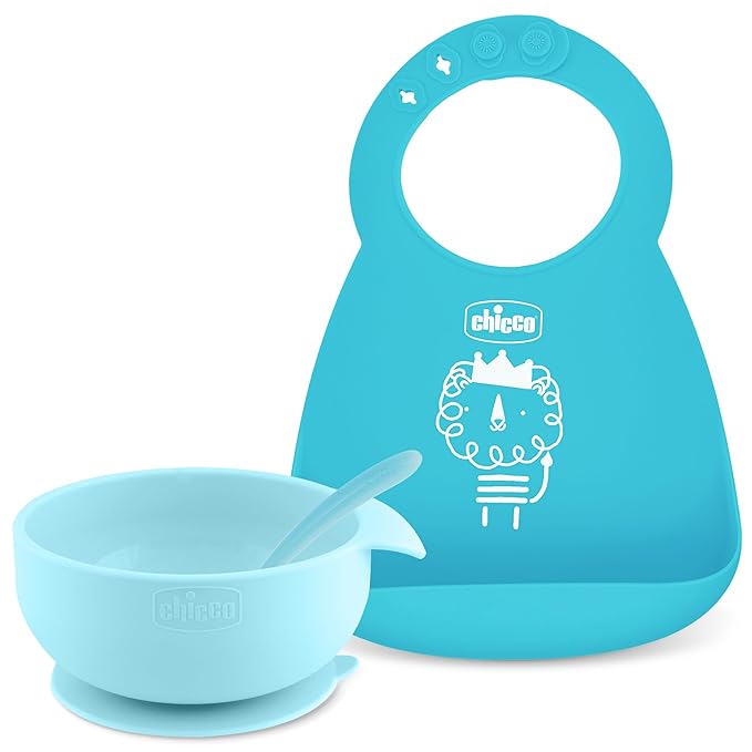 Chicco Easy Start Silicone Feeding Set | Dishes for Baby-Led Weaning | Suction Bowl | Adjustable Bib | Soft Spoon | BPA-Free | 3 Piece Set | 6m+ | Teal