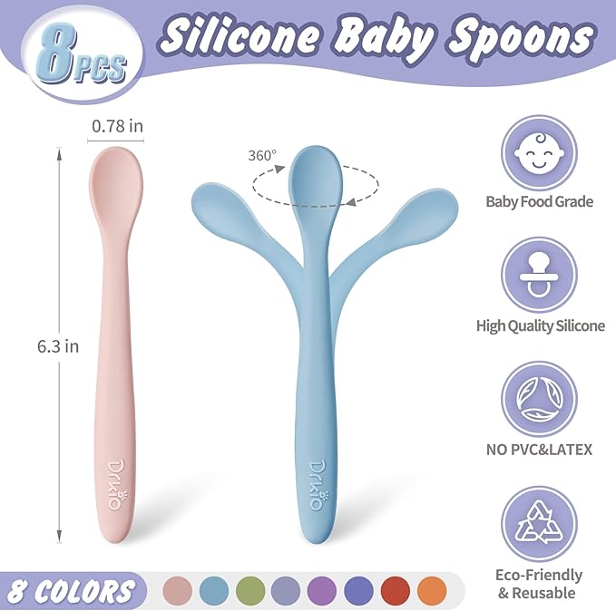 DRKIO 8-Piece Silicone Baby Spoons - Infant Spoons First Stage Self Feeding Baby Led Weaning Supplies Toddler Training Utensils Soft Chewable-Tip Bendable BPA-Free Dishwasher Safe Boil-proof