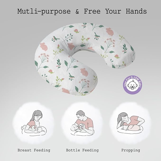 Little Grape Land Muslin Nursing Pillow, Soft 100% Cotton Breastfeeding Pillow with Breathable Cotton Removable Cover, Pink Bunny Breast Feeding Pillows for Babies 0-12 Months with Protective Zipper