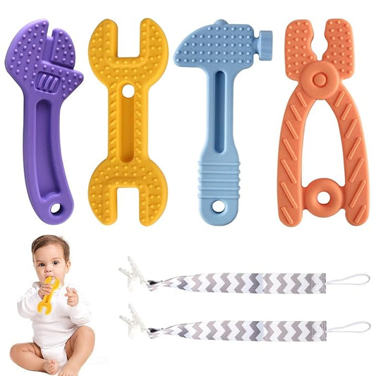 Yinghezu 4 Pack Chew Baby Teething Toys for 0-12 Months, Freezable BPA Free Silicone Baby Molar Teether Chew Toys, Hammer Wrench Spanner Pliers Shape Baby Girl's Boy Car Seat Toy