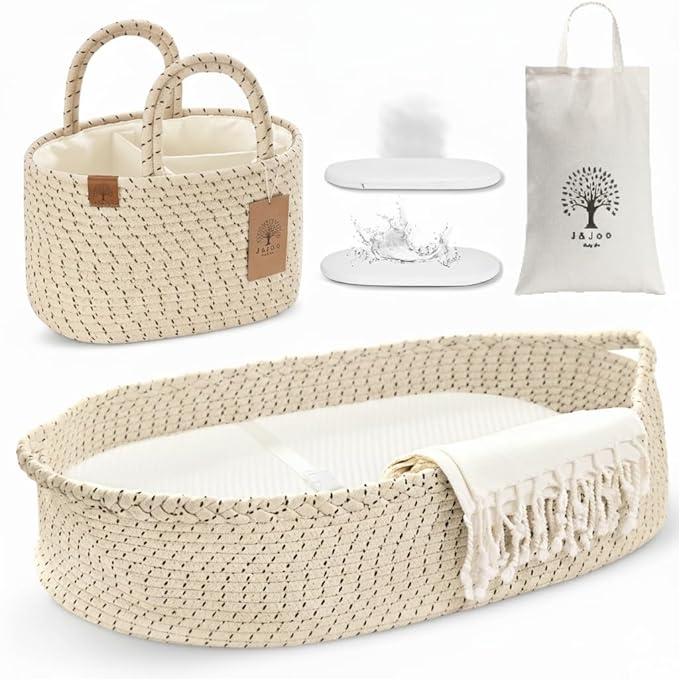 Baby Changing Basket Includes Diaper Caddy - Soft & Waterproof Dual-Cover, Portable, Changing Pad for Dresser & Changing Table, Gift for Baby Shower, Organic Cotton Rope