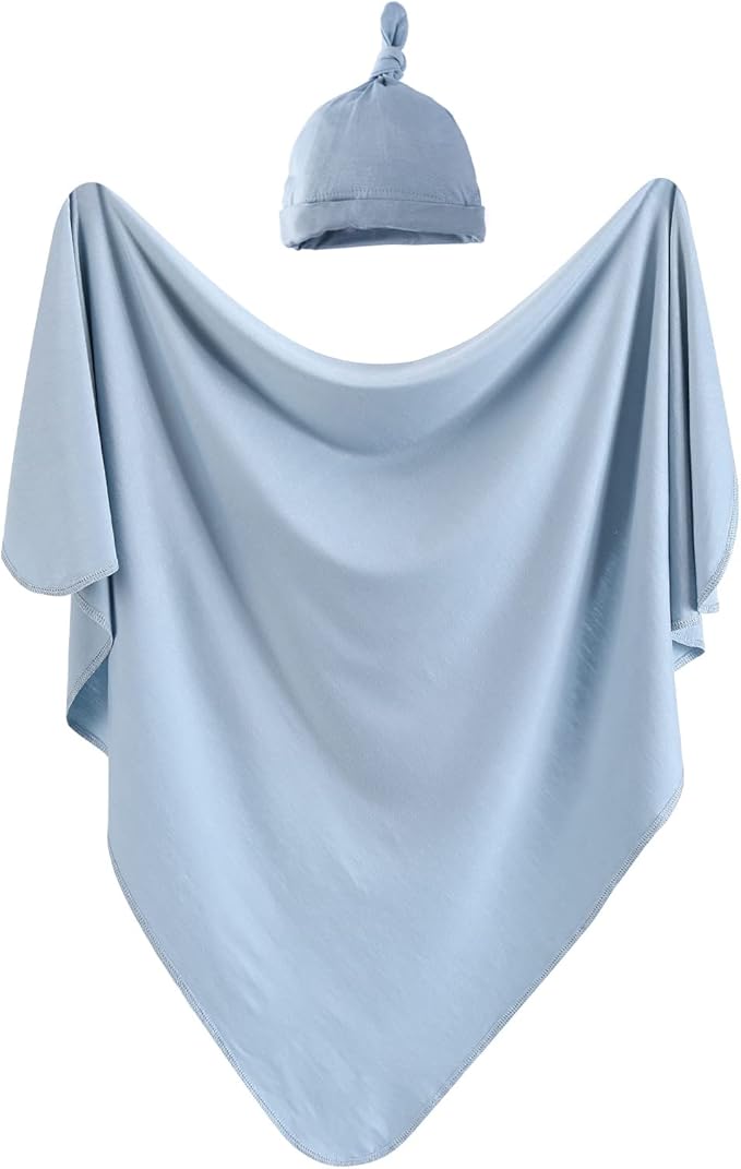 Cotton Knitted Baby Swaddle Blanket with Hat Headband Set Newborn Swaddle Wrap Receiving Blankets for Baby Girl Boy 35" x 35"(Lightblue)