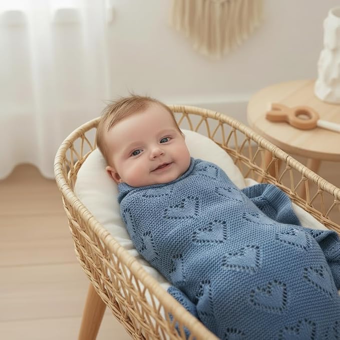 Heirloom Knit Heart Receiving Unisex Blanket for Boys - 100% Luxury Cotton Baby Blanket - Soft Warm Swaddle Crib Receiving Blanket for Newborns Infants & Toddlers (Denim Blue)
