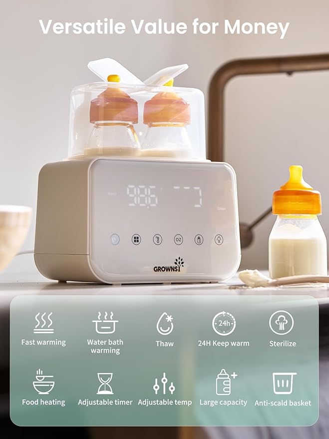 Baby Bottle Warmer, Grownsy 10-in-1 Fast Bottle Warmer Accurate Temp Control, with LCD Display, Timer, Defrost, Sterili-zing, Keep 24H, Double Bottle Warmer for Breastmilk& Formula, Heat Baby Food