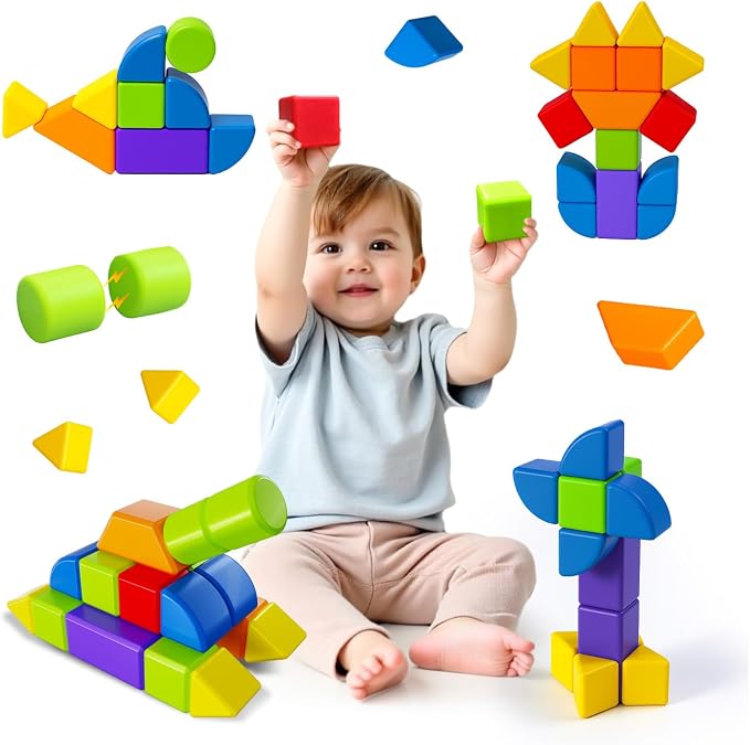 Pairez Toys Magnetic Blocks with Multiple Shapes, 1.65 inch Large Magnetic Building Cubes for Kids, Sensory Montessori Stacking Toys for Boys & Girls Ages 3 4 5 6 (21pcs)