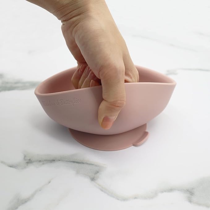 Rainbow & Butterflies |7 Piece| Silicone Baby Feeding Set – |Bib, Suction Bowl, Training Cup, Sectional Suction Plate & Lid, Spoon & Fork| – Food Grade Silicone, BPA Free (Baby Pink)
