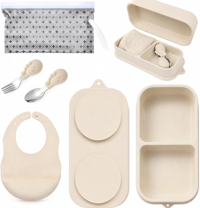 Travel Silicone Baby Feeding Set with 316 Stainless Steel Spoon & Fork, Silicone Suction Plates, Foldable Bib, Storage Bag - Portable Infant Toddler Utensils, 6-Piece BPA-Free Dishware Kit (Beige)
