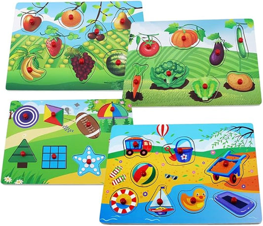 Peg Puzzle Set of 4 (32 pcs), Wooden Knob Puzzles for Toddlers, Vegetables, Fruits, Geometry Shapes and Beach Toys, Preschool Educational Cognitive Gifts.