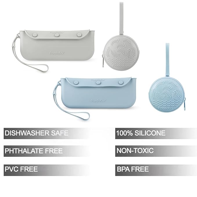PandaEar 4 Pack Pacifier Holder Case Set, 2 Pack Silicone Portable Travel Pacifier Pouch & 2 Pack Silicone Baby Cutlery Holder Bags, BPA Free, Universal Accessories Holders (Light Blue,Grey)