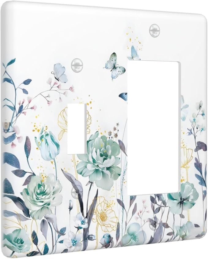 Romantic Floral Butterfly Leaf Flower Golden Pollen Outlet Covers 1 Toggle 1 Rocker Combination Decorative Wall Plate Electrical Switch Plates Light Switch Cover Plate for Bedroom Living Room Decor