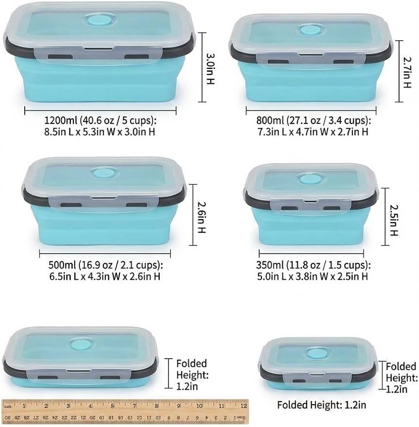 Collapsible Silicone Food Storage Containers Set, 4PCS Foldable Lunch Boxes with Lids & Air Vent, 27oz Multifunctional Travel Food Containers, Bento Boxes, Blue