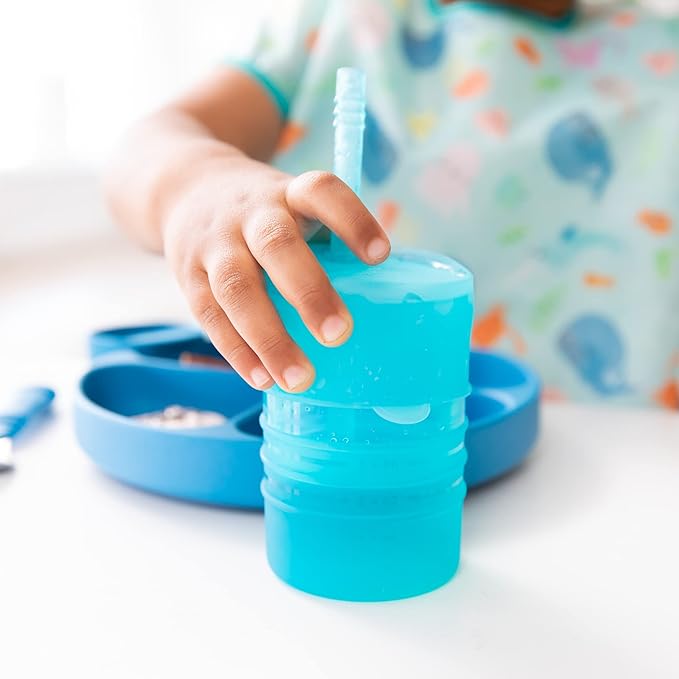 Bumkins Baby and Toddler Cups, Sippy Cup with Straw, Spill Proof, Transition Cup for Babies Ages 1 Year, Safely Sip from Lid, Straw or Cup, First Year Supplies, Platinum Silicone, Holds 7oz, Blue