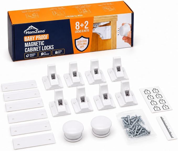 8 Pack Magnetic Cabinet Locks Baby Proofing with 12 locks and 2 Keys - Child Locks For Kitchen, Cabinets and Drawers - 3M Adhesive Easy Installation