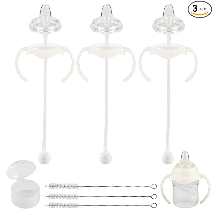 Sippy Cup Soft Spout Conversion Kit for Evenflo Balance Plus Wide Neck Baby Bottles, Toddler Transition Kit with Silicone Sippy Spout Nipple, Weighted Straw, Bottle Handle, Cleaning Brush, 3 Pack, 6m+