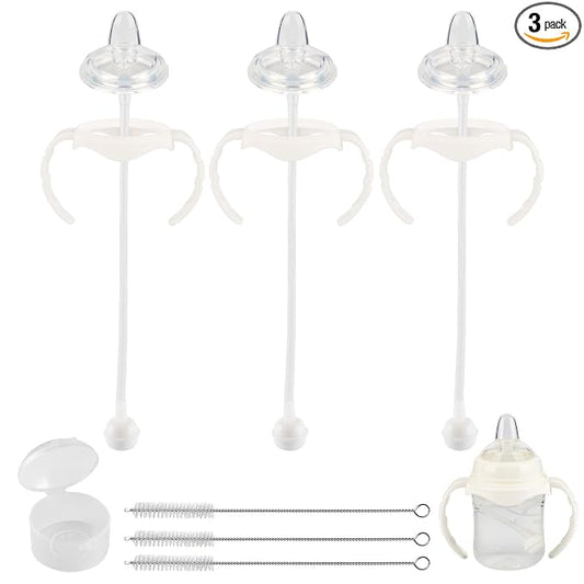 Sippy Cup Soft Spout Conversion Kit for Evenflo Balance Plus Wide Neck Baby Bottles, Toddler Transition Kit with Silicone Sippy Spout Nipple, Weighted Straw, Bottle Handle, Cleaning Brush, 3 Pack, 6m+