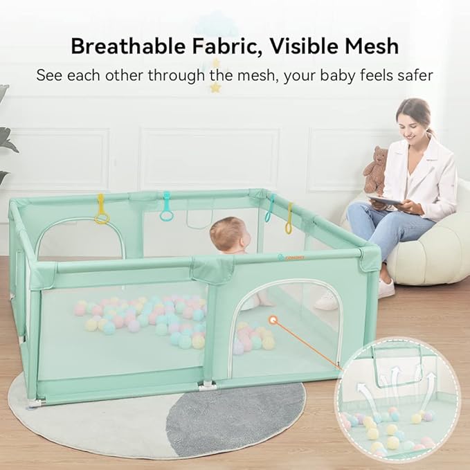 COMOMY Playpens for Babies and Toddlers, 79"x71" Baby Playard Extra Large, Safe and Non-Slip Baby Fence, Full Mesh Design, Indoor & Outdoor Kids Activity Center, Play Pens (Dark Green)