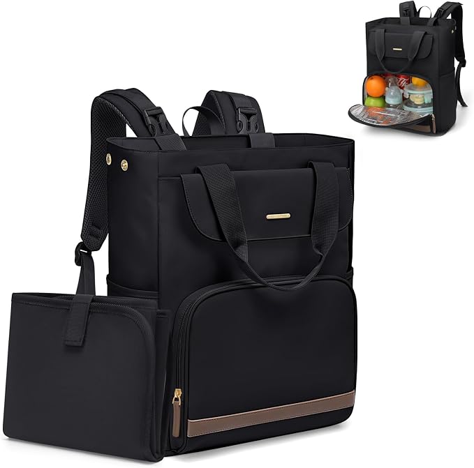 GOLF SUPAGS Diaper Bag Backpack with Portable Changing Pad 25L Baby Bag Insulated lunch box Backpack Fits 17.3" Laptop (Black)
