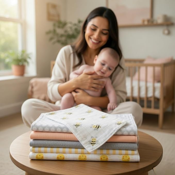 EVERYDAY KIDS 12 Pack Burp Cloths for Baby Boys and Girls - Bees, Sun and Stripes