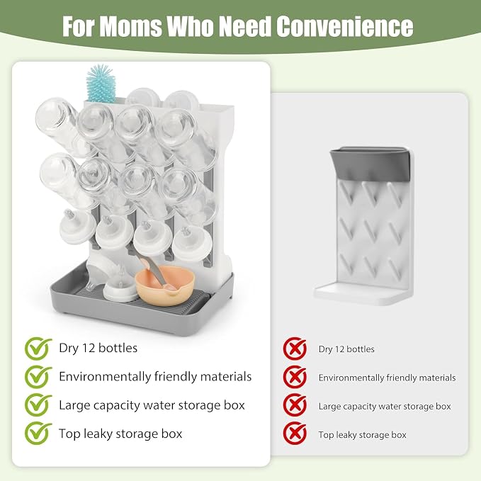Baby Bottle Drying Rack, 2PCS Space Saving Baby Bottle Organizer for Countertop, Vertical Bottle Dryer Holder with Brushes Holder, Large Bottle Storage Holder 12 Bottles & Baby Accessories
