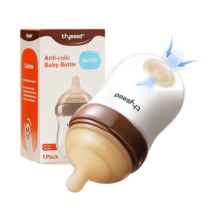 Thyseed Anti-Colic Glass Baby Bottle for Breastfed Infants, Paced Feeding, Breast-Like Newborn Extra Slow Flow Nipple (0m+), 5 oz, 1 Pack