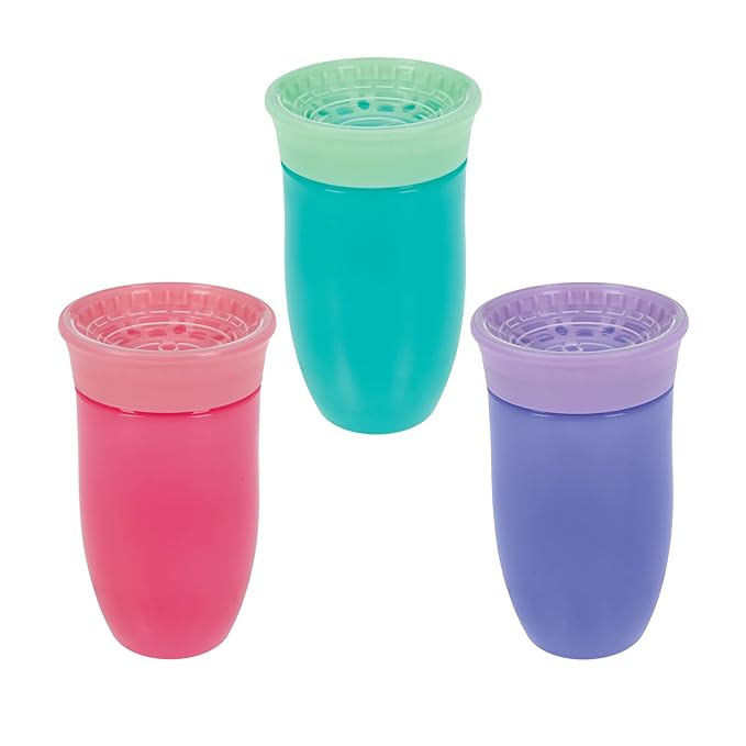 Nuby Wonder Cup - Spill-Proof Toddler Sippy Cups - (3 Pack) 10 oz - Sip from All Sides - Leak Resistant - Spoutless Transition Cup - Aqua/Purple/Pink