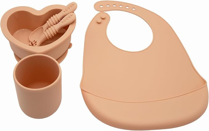 BabyX Silicone Baby Starter Kit, 5 Pieces First Feeding Set, Including Training Spoon, Fork, Cup, Bib and Heart Shaped Bowl (Peach), BPA-Free, Baby Utensils Supplies, Microwave/Dishwasher Safe
