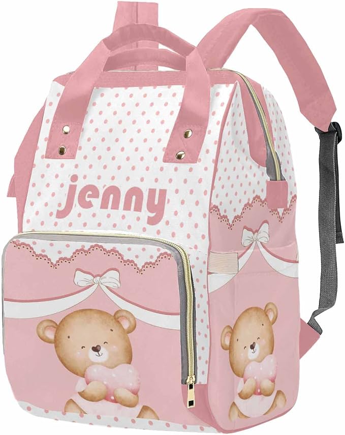 M YESCUSTOM Custom Cartoon Bear Diaper Bag Backpack Personalized Name Mommy Bag for Women Customized Gift for Mothers Day Pink