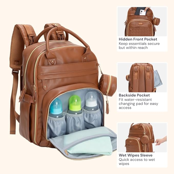 BabbleRoo Leather Diaper Bag Backpack - Baby Essentials Travel Baby Bag, Multi function, Water Resistant, with Changing Pad, Stroller Straps & Pacifier Case ??Unisex, Natural Brown