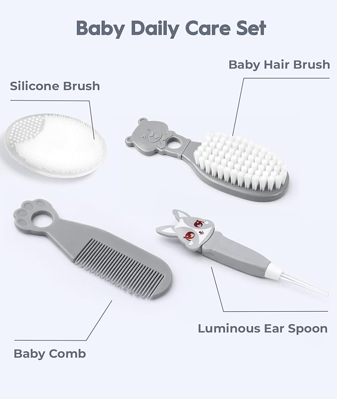 Baby Healthcare and Grooming Kit, Safety Newborn Nursery Baby Care Kit, with Hair Brush Comb, Nail Clipper, Thermometer, Pacifier Clip, Baby Registry Search, Newborn Essentials Girls Boys (Grey)