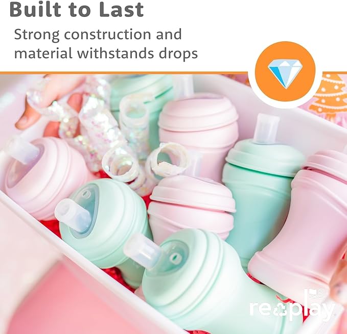 Re-Play Transition Sippy Cups for 1 Year-Old - Medical Grade Silicone Soft Spout & Travel Lid, Easy to Hold Hourglass Shape, Made in USA - 8 Oz. - Set of 2 - Lavender/Pool Blue