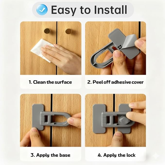 4 Pack Child Proof Cabinet Locks,Baby Proofing Locks for Cabinets, Oven, Freezer & More,Easy to Install, No Drill, Secure Adhesive (Grey)