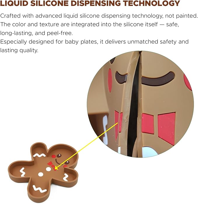 BabyX Baby Silicone Feeder Set, 3-pcs Gingerbread-themed Baby Plate with Suction, Spoon and Fork for Babies Toddler Kids, BPA-Free, Baby Utensils Feeding Supplies, Microwave and Dishwasher Safe