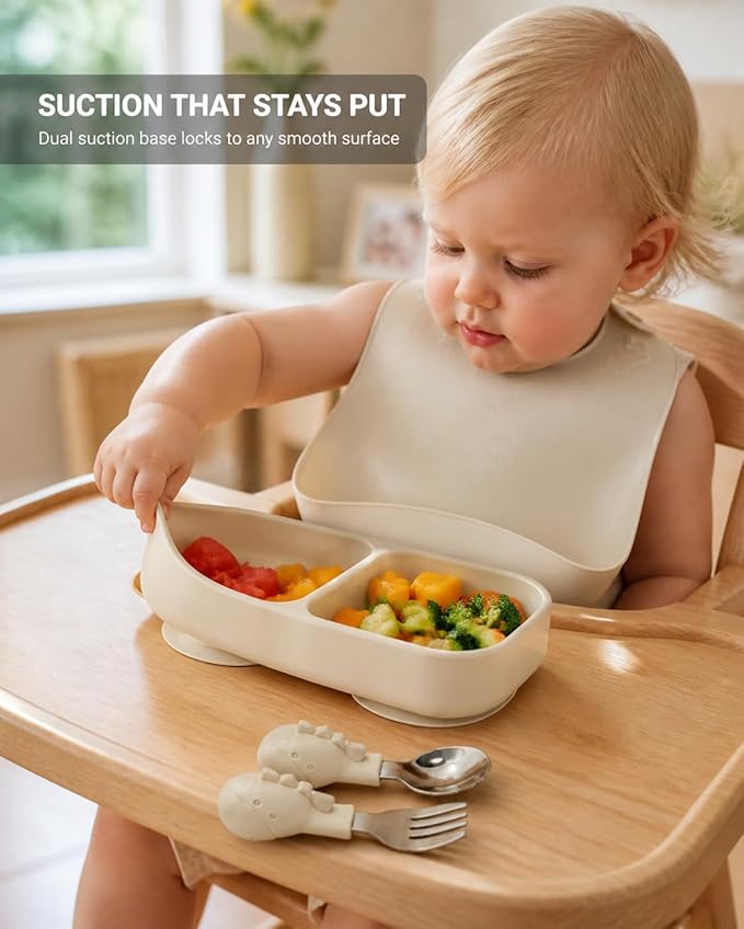 Travel Silicone Baby Feeding Set with 316 Stainless Steel Spoon & Fork, Silicone Suction Plates, Foldable Bib, Storage Bag - Portable Infant Toddler Utensils, 6-Piece BPA-Free Dishware Kit (Beige)