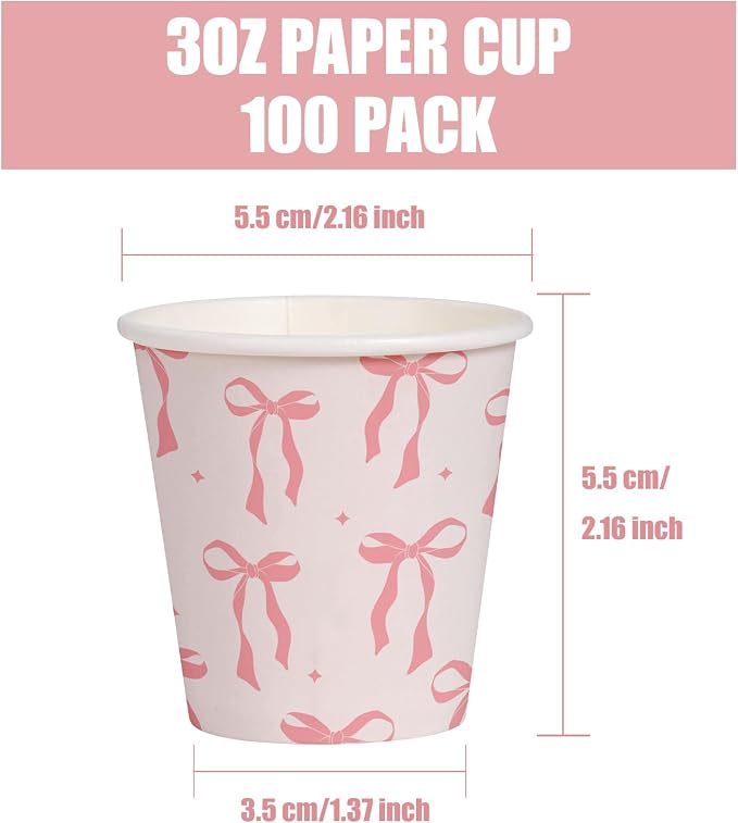 WRAPAHOLIC 3oz Paper Cups - 100 Pack Disposable Bathroom Cups with Pink Bow Design, Small Mouthwash Cup for Toothbrush Rinse, Home Bathroom, Picnic, BBQ, Travel and Party