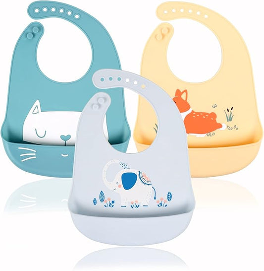 Baby Silicone Feeding Bibs, 3pcs Adjustable Waterproof Bibs for Feeding