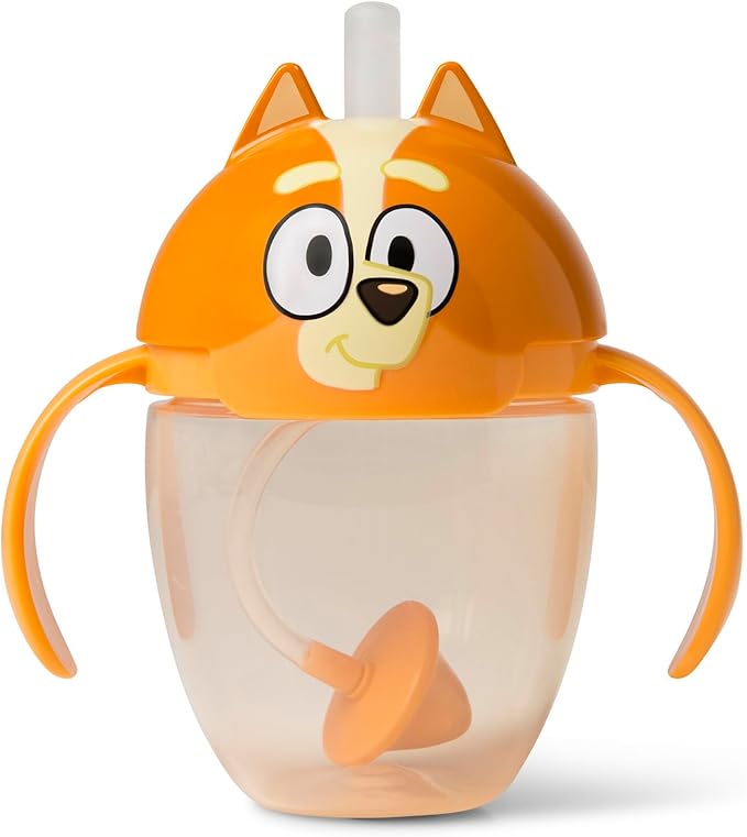 The First Years Bingo Weighted Straw Cup - Spill Proof Toddler Straw Cups with Flip Top Cover - Bluey Cups for Everyday Sipping - Toddler Feeding Supplies - 7 Ounce - Ages 6 Months and Up