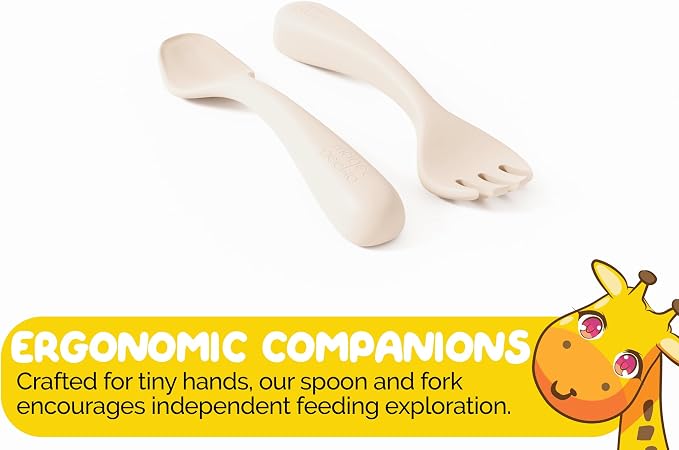 Baby Feeding essentials Baby Led Weaning Supplies in neutral Beige Color with Suction plates for baby with lid and baby spoons and toddler forks - (3 Piece Set)
