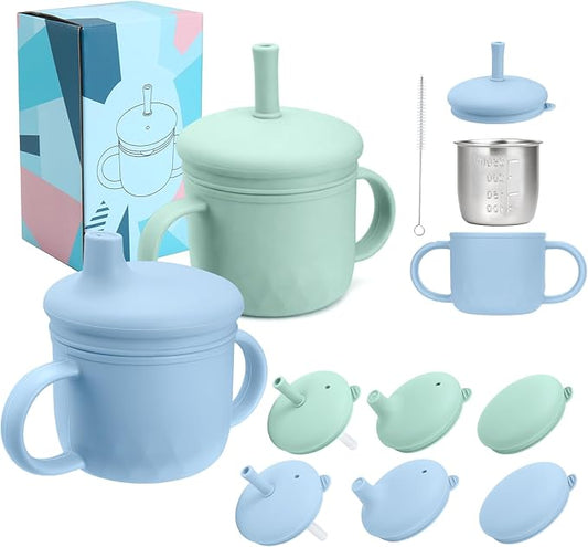 2PCS Stainless Steel Sippy Cups for Toddlers1-3, Baby Straw Cups for 6+Month Old with Travel Lid, Silicone Straw, Replacement Straw & Cleaning Brush-8oz Toddler Cups Spill Proof Set (Blue+Green)