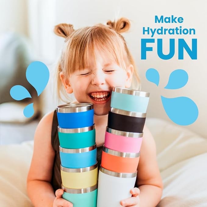 CUPKIN Toddler Tumblers, The Original 12 oz Stackable Stainless Steel Cups, Set of 2 Powder Coated Insulated Kids Water Bottle Alternative + BPA Free Lids + Reusable Silicone Straws (Green + Pink)