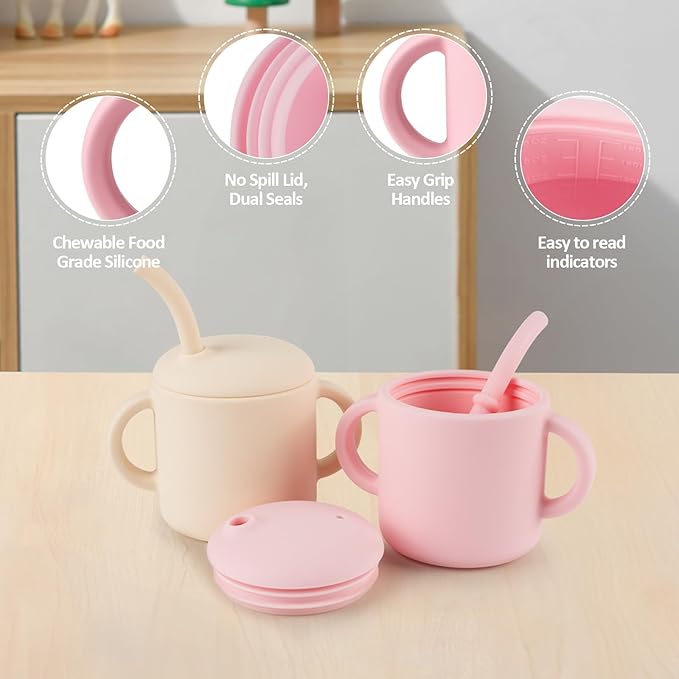 Premium Silicone Baby Straw Cup 6 floz, BPA-Free Food-Grade Silicone Sippy Cup for Infants and Toddlers 6months+, Leak-Resistant, Durable, Easy-Grip Training Design (Beige)