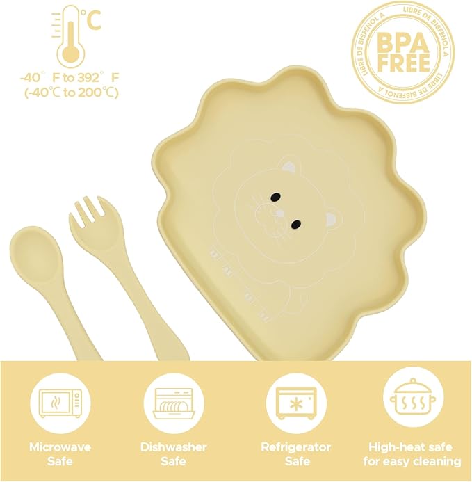 BabyX Baby Silicone Feeder Set, 3-pcs Safari Wildlife-themed Baby Plate with Suction, Spoon and Fork for Babies Toddler Kids, BPA-Free, Baby Utensils Feeding Supplies, Microwave and Dishwasher Safe