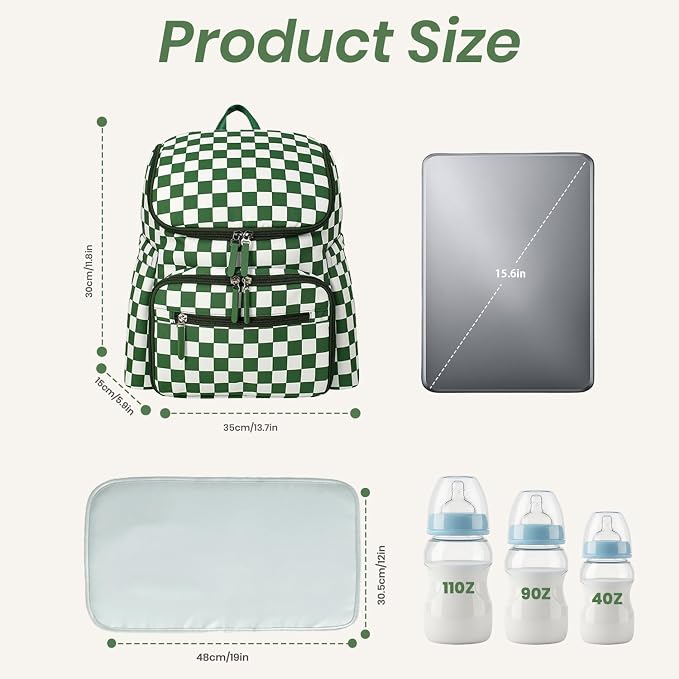 FHELAD Checkered Diaper Bag Backpack with Changing Pad & Stroller Clips, Large Travel Baby Diaper Bag for Newborn Moms, Baby Shower Gifts (Dark Green)