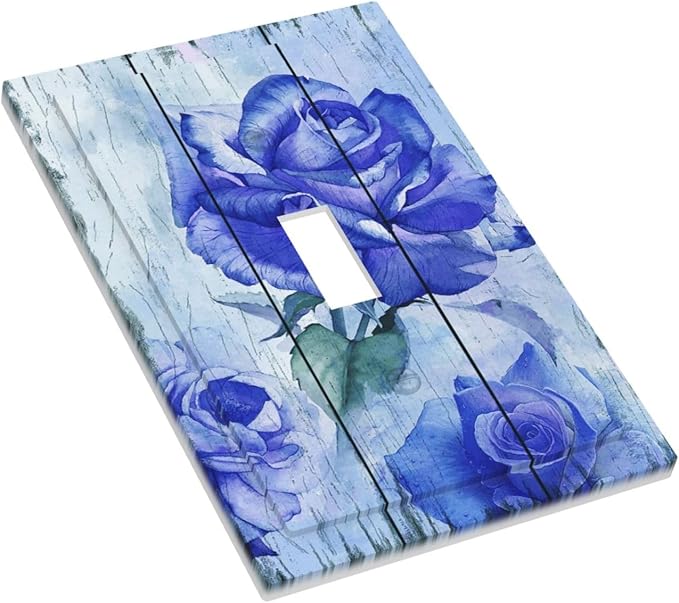 Blue Rose Flower Rustic Wood Plank Floral Decorative Light Switch Cover 1 Gang Single Toggle Device Electrical Faceplate Switchplates Decorator Outlet Wall Plate for Farmhouse Home Decor