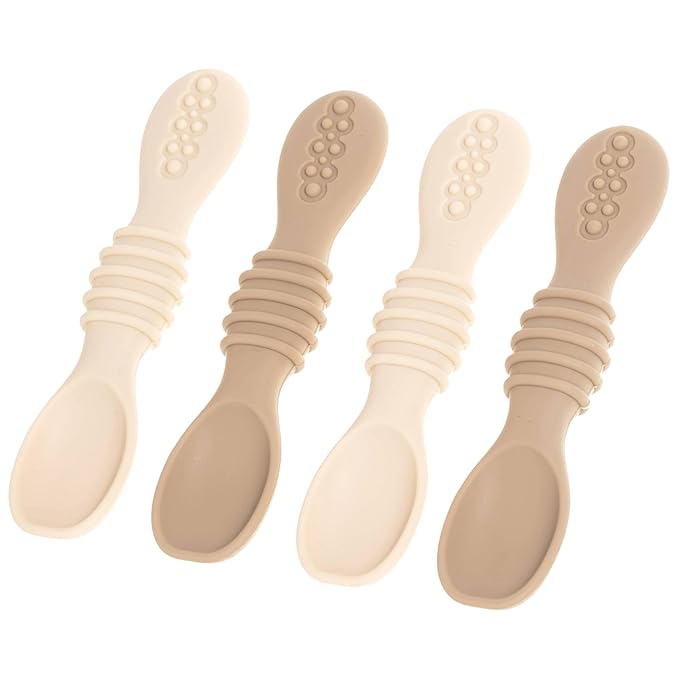 Silicone Baby Spoons for Baby Led Weaning 4-Pack, First Stage Baby Feeding Spoon Set Gum Friendly BPA Lead Phthalate and Plastic Free, Tan