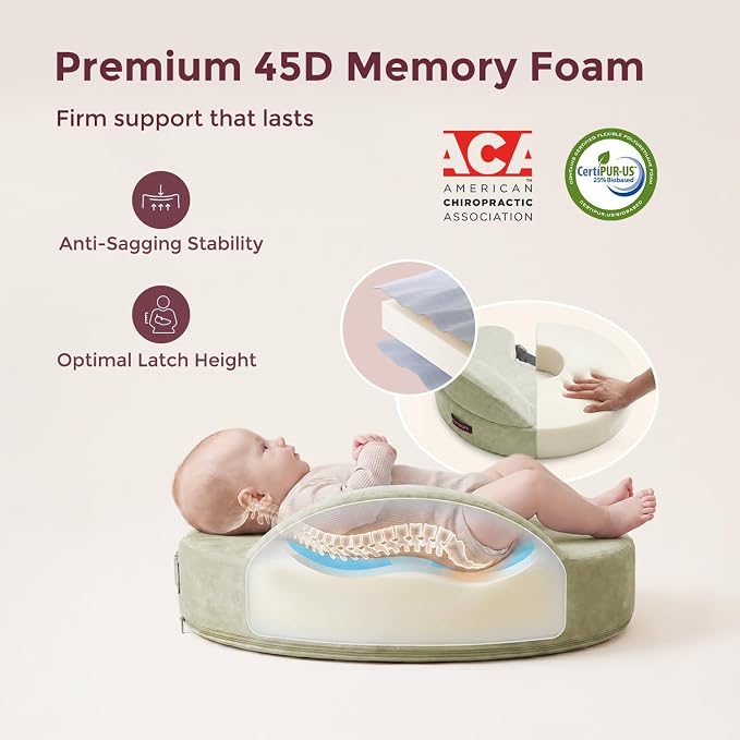 Momcozy Innovative Safety Guard Nursing Pillow - Firm & Springy Memory Foam - Stable, Ergonomic Support & Comfort - Wider Breastfeeding Cushion, Adjustable, Removable Cover, Green