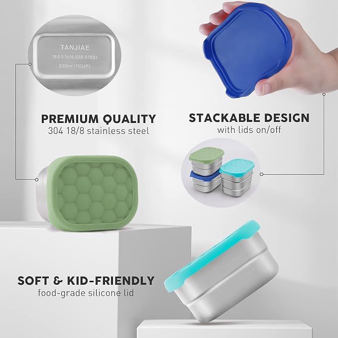 Tanjiae Small (1 CUP) Stainless Steel Snack Containers for Kids | Easy Open Leak Proof Food Containers with Silicone Lids - Perfect Metal Toddler Lunch Box for Daycare and School (8oz)