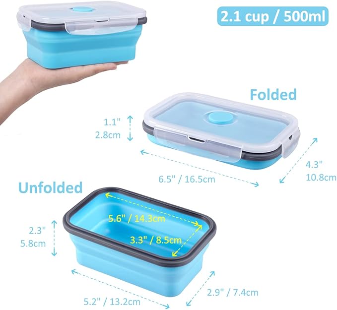 Collapsible Food Storage Containers with Airtight Lid & Air Vent, 16.9 oz, Kitchen Stacking Silicone Collapsible Meal Prep Container Set for Leftover, Microwave Freezer Dishwasher Safe, Blue, Set of 4
