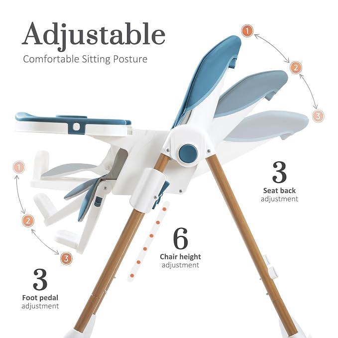 Foldable High Chairs for Babies and Toddlers, 3-in-1 Convertible Baby High Chair with Removable Soft Cushion and Tray, Adjustable Height & Recline, Lockable Wheels, Dark Blue